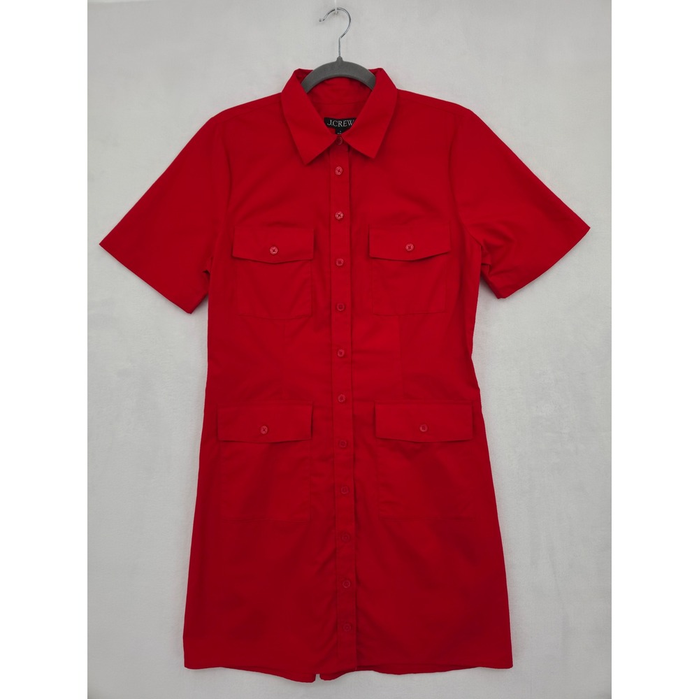 J.Crew Women Red Cotton Poplin Short Sleeve Utility Mini Shirtdress 8 Office